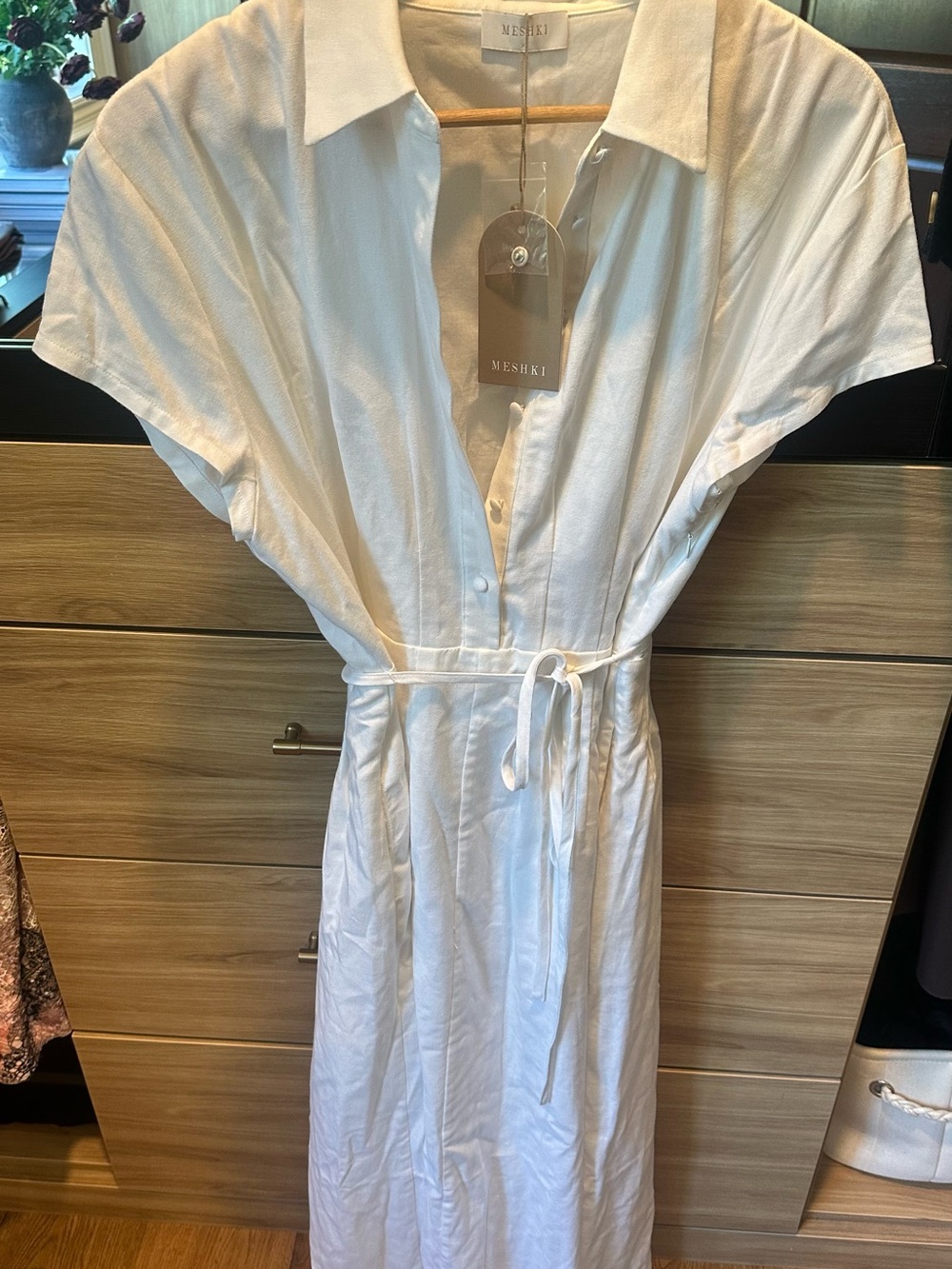 Meshki White Button-Down Maxi Shirt Dress with Waist Tie
